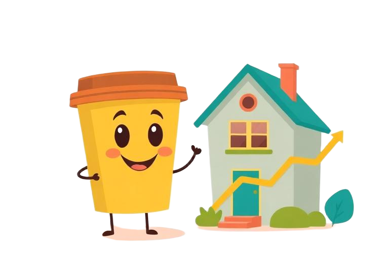 Cartoon coffee cup next to a house with a rising price chart
