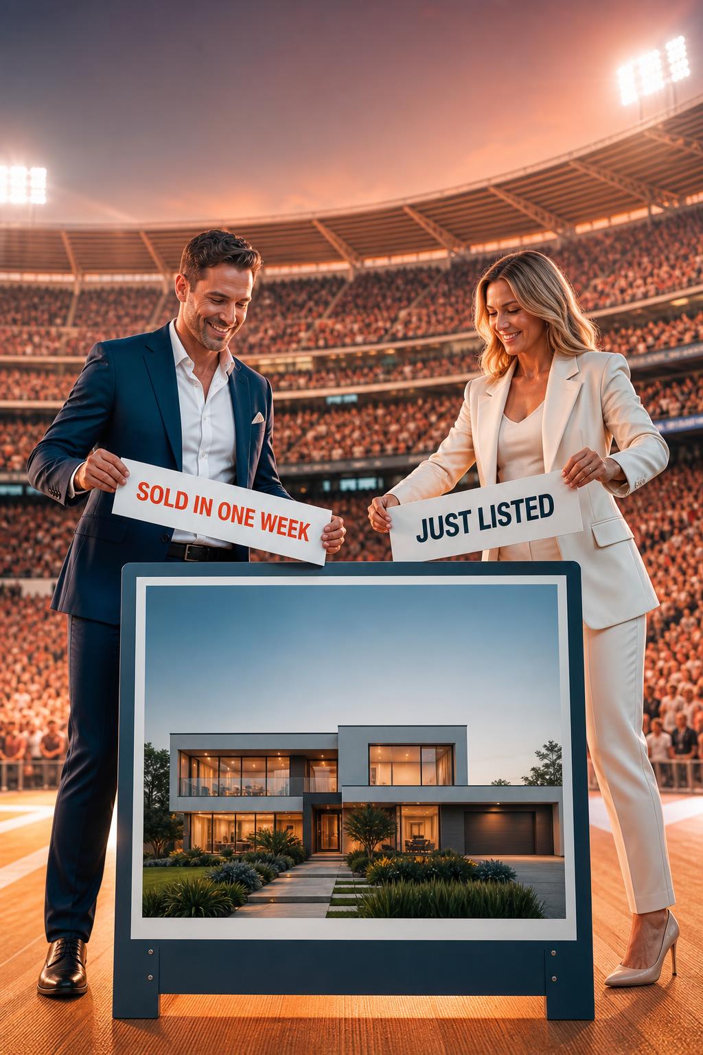 Two real estate agents holding Sold in One Week and Just Listed stickers in a packed stadium